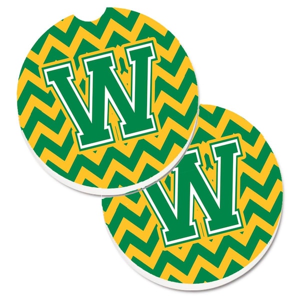 Carolines Treasures Letter W Chevron Green and Gold Cup Holder Car Coaster, PK2 CJ1059-WCARC - main